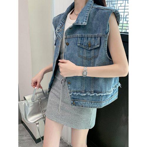 Actual shot ~ Retro raw-edged right-shoulder denim vest jacket for women, short style, new summer style, loose layered vest