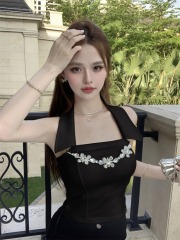 小香風翻領掛脖小背心女夏季新款設計感甜美百搭氣質顯瘦上衣外穿