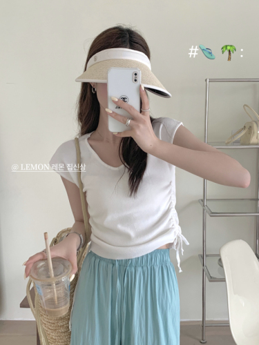 forever23 Korean style V-neck waist and side pleated design fashionable sweater spring and summer versatile top