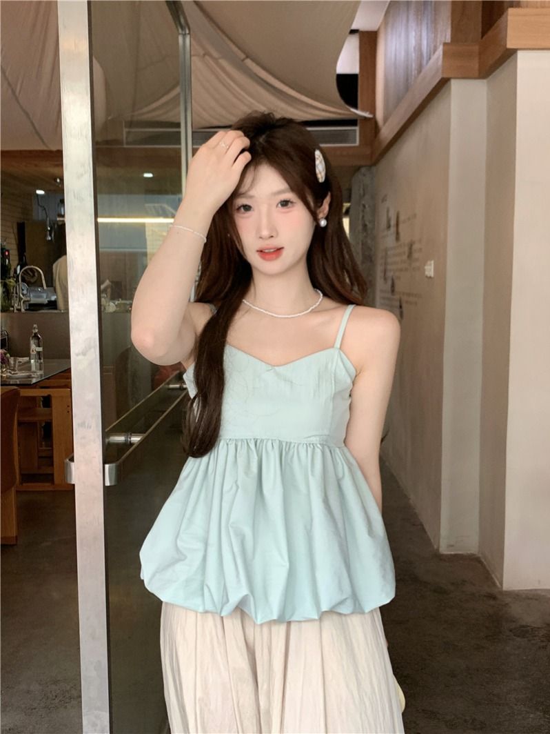 實拍~一字肩吊帶娃娃款襯衣女夏季甜美小個子無袖設計感上衣