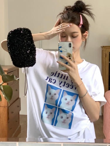 Actual shot of summer Korean style loose and cute cat print short-sleeved cotton round neck T-shirt versatile top for women