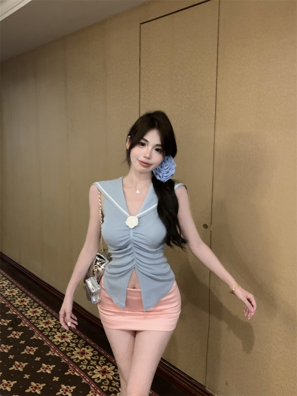 Fashionable and versatile solid color navy collar shoulder pleated vest women's new summer style temperament sleeveless slim top for women