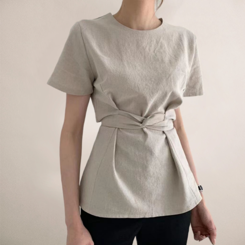 韩国chic新款设计感小众棉麻衬衫新款夏洋气系带收腰显瘦港味上衣