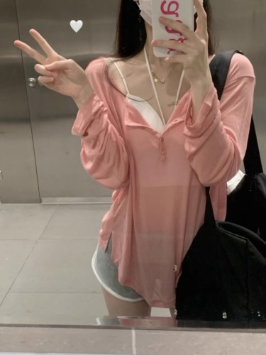 Tencel thread sweet and spicy design niche sun protection shirt top thin loose long sleeve mid-length bottoming T-shirt