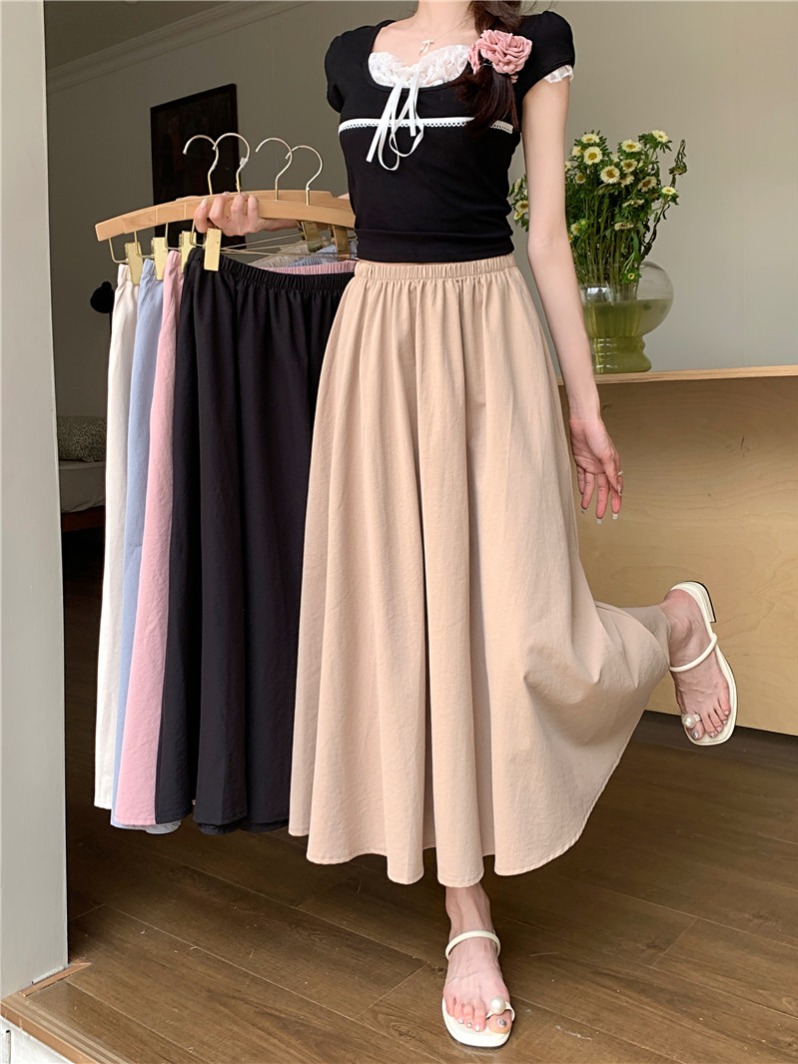 Photographed 2024 Summer New High-Waist Slimming Medium-Length Full-Skirted A-Line Semi-Body Skirt for Women