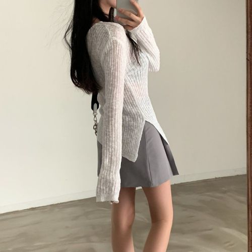 韩国chic修身显瘦V领长袖薄款针织坑条防晒罩衫女
