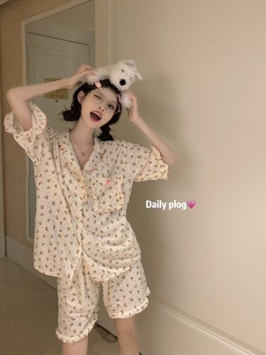 Real shot of ins-style Japanese sweet floral pajamas for women summer short-sleeved shorts two-piece student home clothes