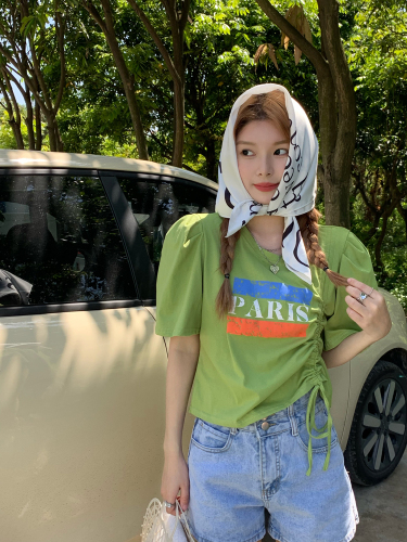 实拍~韩版设计感夏季新款圆领套头抽绳泡泡袖印花T恤