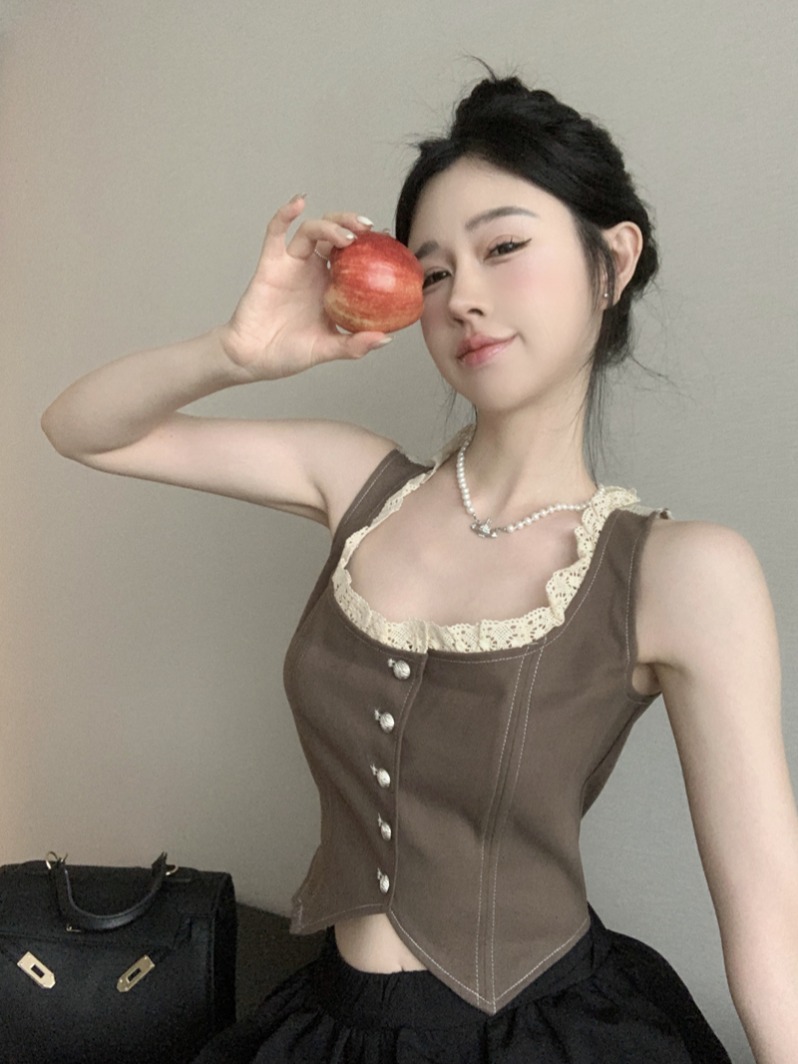 實拍 辣妹蕾絲拼接馬甲小背心女不規則下擺外穿打底性感上衣