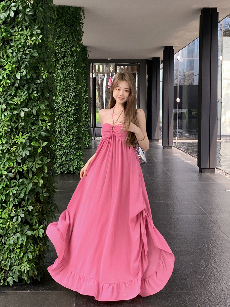Vintage Sexy Vacation Beach Backless Elegant Long Dress with Bra Pads for Women
