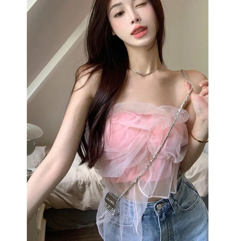 粉色少女感網紗拼接抹胸背心女夏裝新款短款修身露臍顯瘦內搭上衣