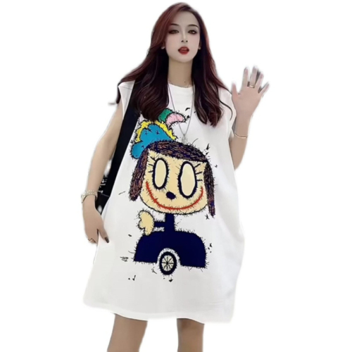 Pure cotton/back bag collar fashionable printed cartoon flying sleeves round neck mid-length T-shirt for women