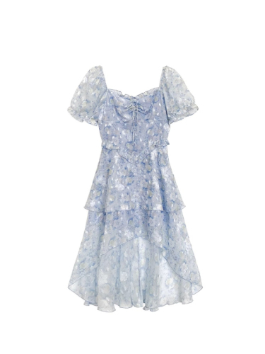 茶歇法式绝美蓝色碎花连衣裙新款高端精致气质显瘦泡泡袖长裙子