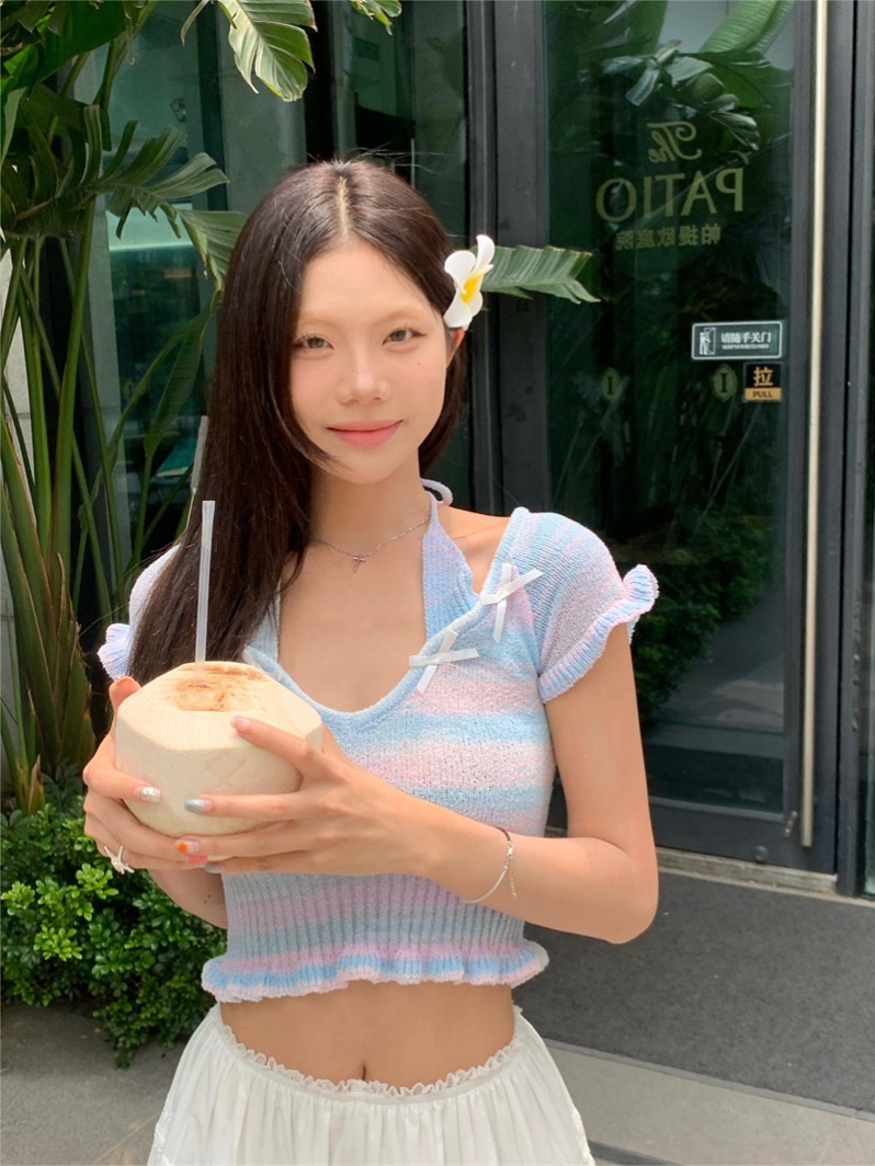 實拍  夏季新款掛脖短袖針織衫設計感小飛袖蝴蝶結上衣