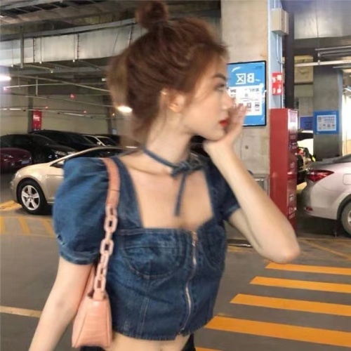 韩版新款复古方领系带性感露脐短袖牛仔短款上衣女