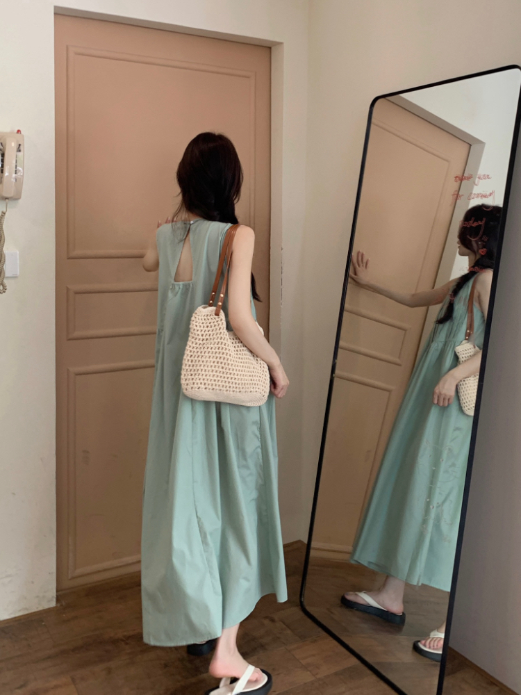 Shot! Vacation Style French Round Neck Sleeveless Pleated Loose Dress Simple Solid Color High-end Sensation Dress