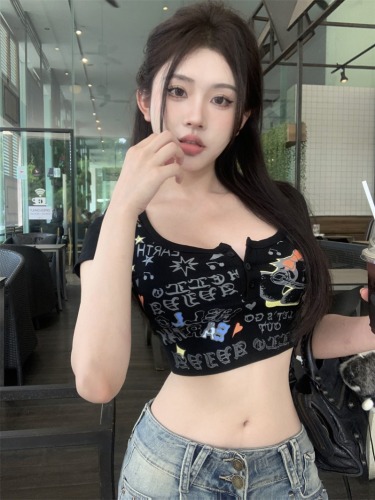 Real shot of new summer hot girl cat letter print pure desire short chic niche short-sleeved top for women