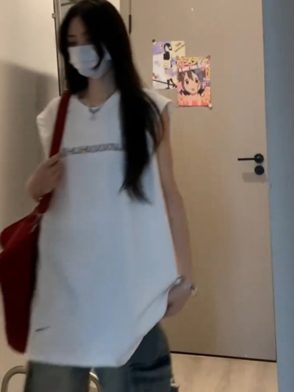 國潮牌字母套頭做舊破洞背心女夏季寬鬆oversize學院風百搭上衣潮