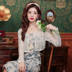 已出貨2024夏季新款蕾絲鏤空防曬開衫女配吊帶裙子的外帶披肩上衣