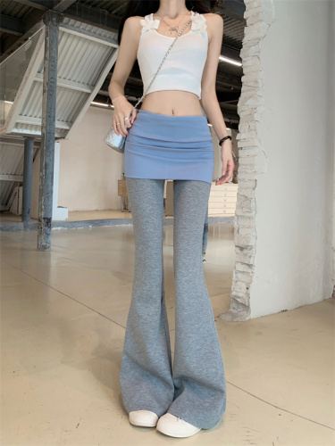 实拍  新款设计感假两件拼色低腰修身显瘦微喇叭休闲长裤女