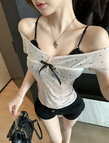 Real shot~ Lace splicing hot girl slimming top bow knot polka dot knit 