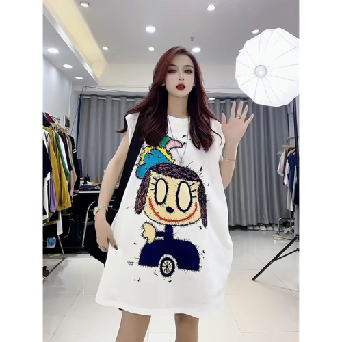 Pure cotton/back bag collar fashionable printed cartoon flying sleeves round neck mid-length T-shirt for women