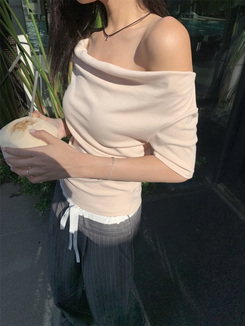 實拍 夏季新款堆堆一字領肩修身短袖T恤上衣女