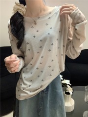 Real shot Summer new lazy cross butterfly print round neck long sleeve loose sun protection T-shirt