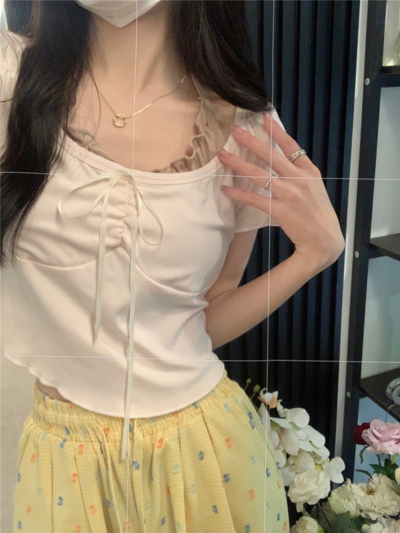 實拍  夏季新款假兩件短袖T恤短款修身掛脖上衣女
