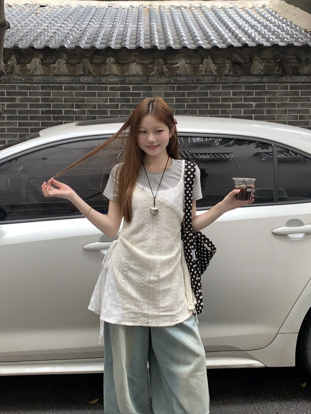 實拍  度假風休閒套裝蕾絲設計感吊帶裙+純色圓領內搭T