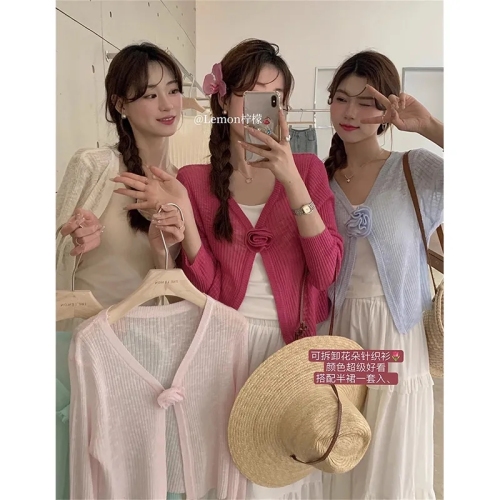 Summer solid color, gentle temperament and versatile women's sun protection long-sleeved knitted cardigan