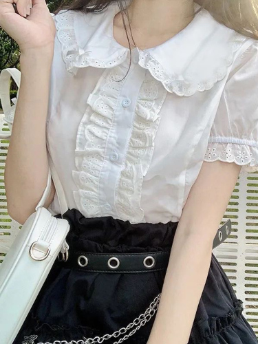 娃娃领衬衫甜美小个子夏季新款蝴蝶结lolita洋气花边短袖上衣少女