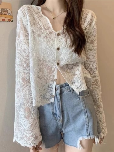 Korean style lazy style hollow lace sun protection cardigan thin women's summer outer air-conditioned blouse shawl shirt jacket