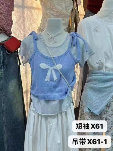 蝴蝶结短袖叠穿针织吊带T恤四季青广州十三行女装上衣短款两件套