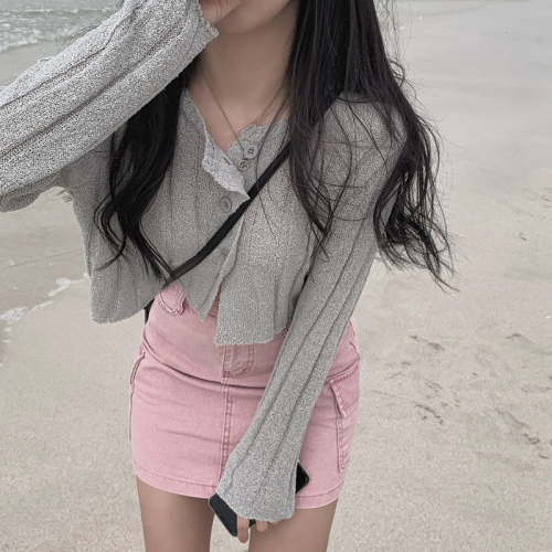 韩国chic设计感不规则纽扣冰丝针织开衫防晒罩衫薄款外套女
