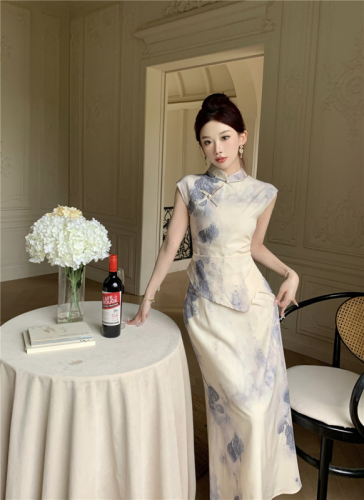 实拍新中式国风水墨晕染印花改良旗袍连衣裙时尚女装两件套礼服