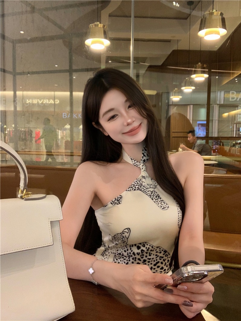 實拍~純欲性感貴感豹紋印花掛脖吊帶上衣T恤女打底