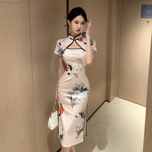 Actual shot of new women's retro national style pattern slim hip-covering improved cheongsam short-sleeved dress