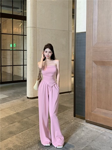 Real shot!  Pure Desire Sexy Irregular Tube Top Casual Loose Versatile Wide Leg Pants Two-piece Set