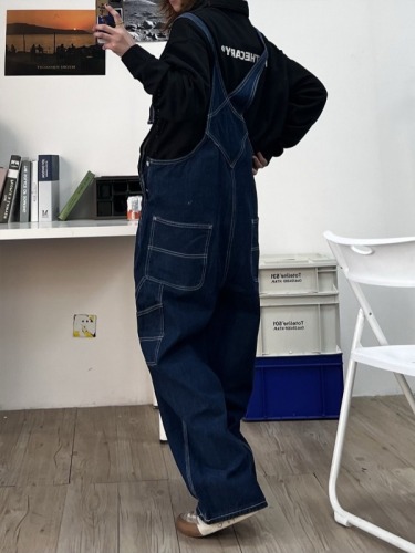 日系阿美咔叽美式重磅复古牛仔背带裤男女休闲直筒工装吊带连体裤