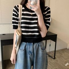 Summer thin hollow ice silk knitted top with stripes, straight shoulder short sleeve t-shirt for women, high-waisted short top
