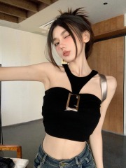 天貓質量純欲風性感辣妹金屬扣掛脖背心女短款露背無袖上衣