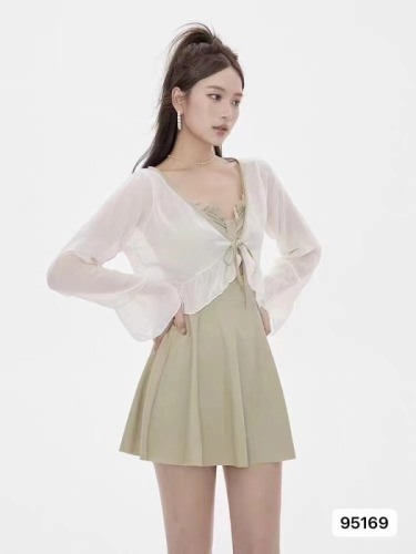 2024 new summer Korean style fairy temperament V-neck ruffled semi-transparent sun protection clothing