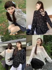 Real shot of loose back hollow long-sleeved sun protection T-shirt blouse with design bow Tencel mask T