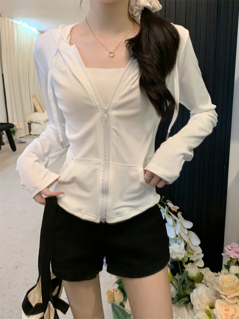 Real shot Summer new thin slim long-sleeved sun protection cardigan hooded sports jacket for women