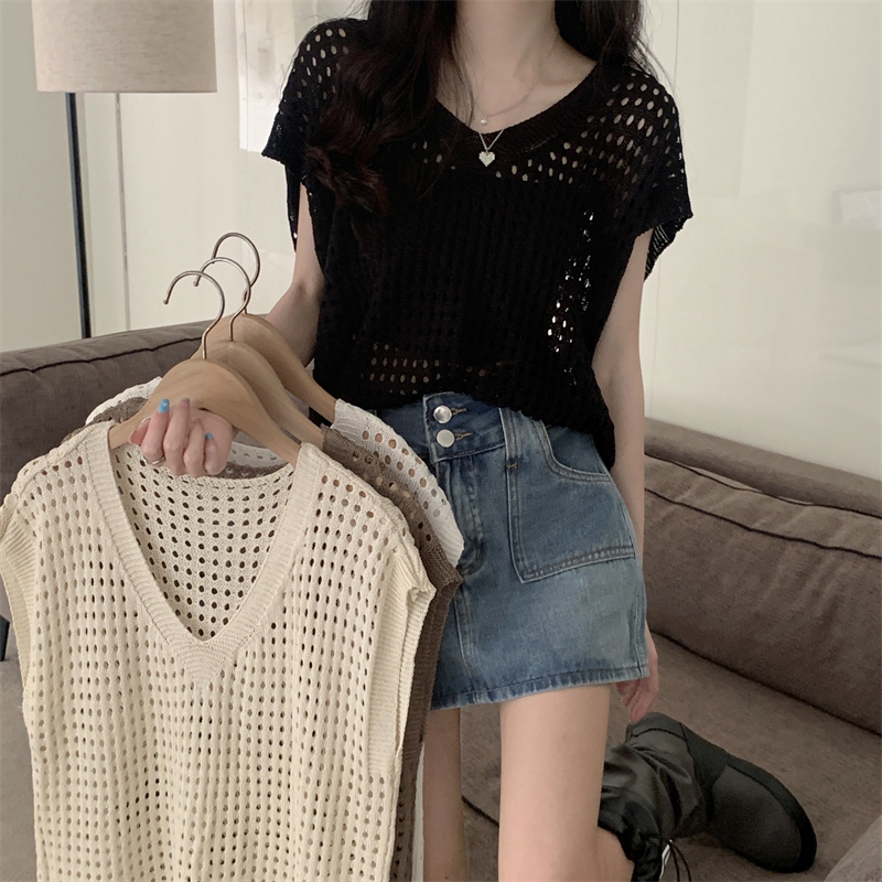 Photographed Summer New Thin Openwork V-Neck Knit Cardigan Vest Women's Top