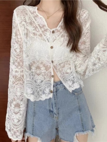 Korean style lazy style hollow lace sun protection cardigan thin women's summer outer air-conditioned blouse shawl shirt jacket