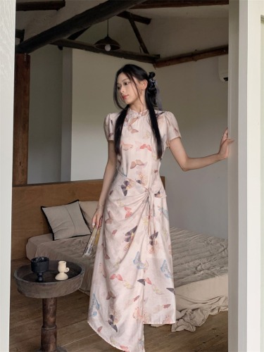 实拍 裙子女夏季新中式国风蝴蝶印花改良日常可穿旗袍连衣裙
