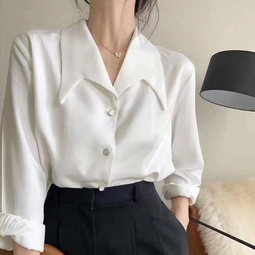 2024 French style large pointed collar white shirt women's long-sleeved design niche high-end white shirt professional top