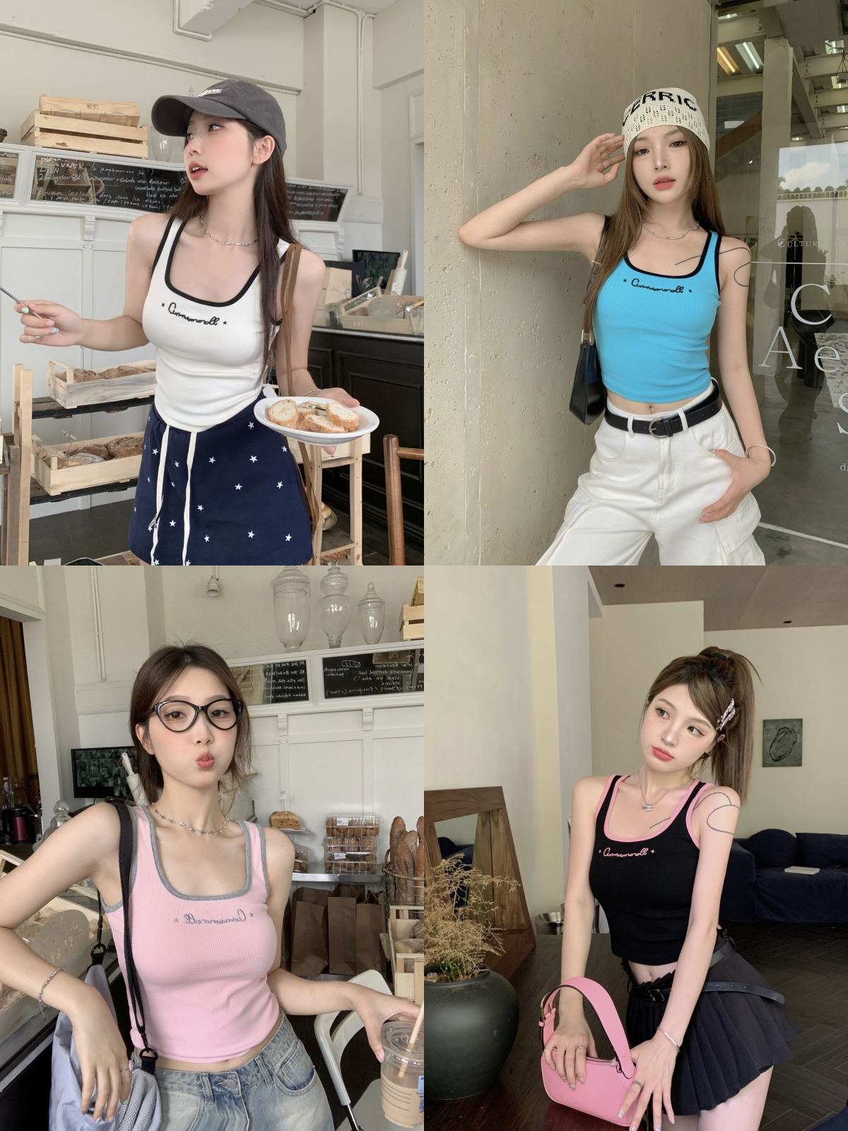 Actual shot: Contrast color casual embroidery elastic slim shoulder summer candy-colored vest
